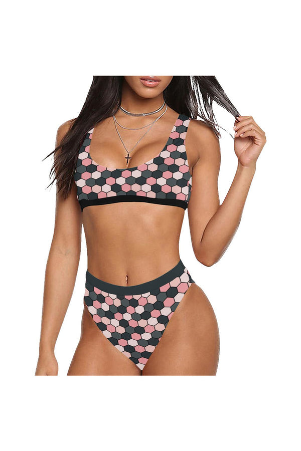 Pink Honeycomb Sport Top & High-Waist Bikini Swimsuit - Objet D'Art
