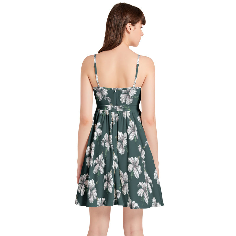 Hibiscus Print Spaghetti Strap Sleeveless Flared Hem Short Dress - Objet D'Art