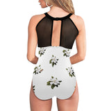 magnolia print on white Women's High Neck Plunge Mesh Ruched Swimsuit (S43) - Objet D'Art