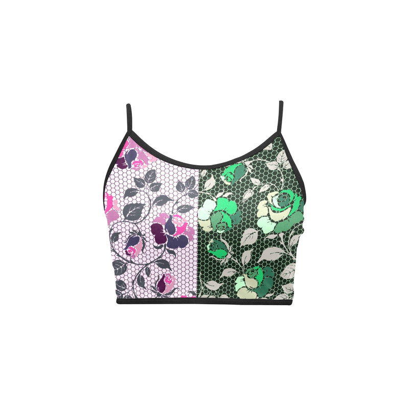 pink green rose print 4 Women's Spaghetti Strap Crop Top (Model T67) - Objet D'Art