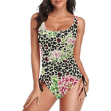 leopard rose print 2 Drawstring Side One-Piece Swimsuit (Model S14) - Objet D'Art