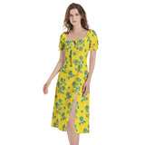 Floral Sunrise Puff Sleeve Split Thigh Midi Dress - Objet D'Art