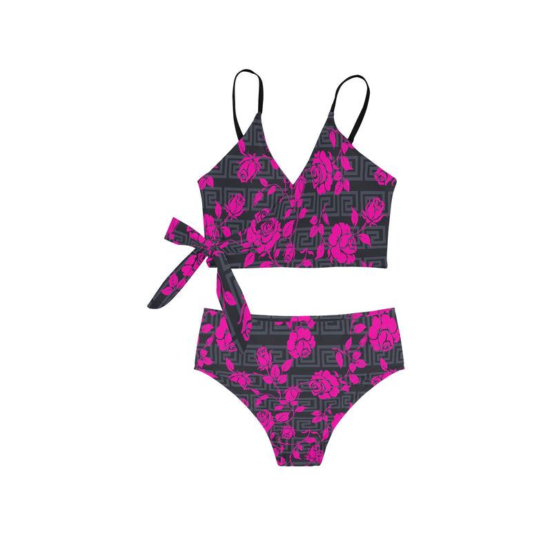 fuchsia rose on gray greek key print Knot Side Bikini Swimsuit (Model S37) - Objet D'Art