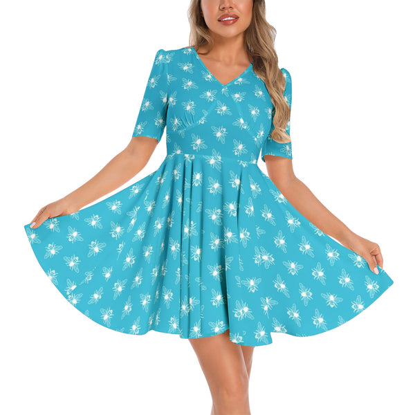 Short Sleeve Ruched Bust Flared Hem Dress - Objet D'Art