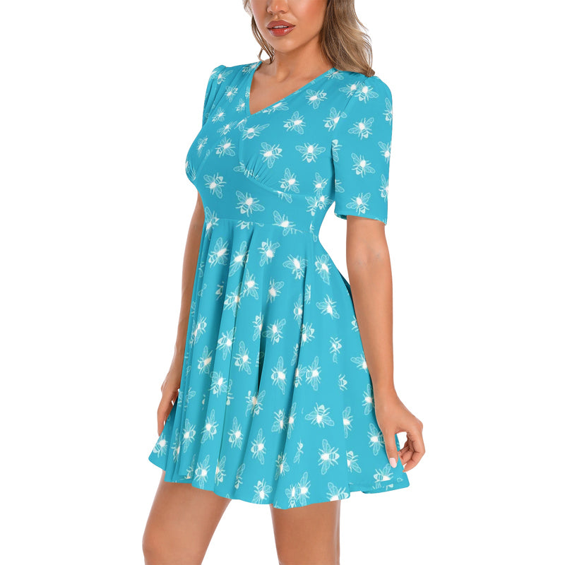 Short Sleeve Ruched Bust Flared Hem Dress - Objet D'Art