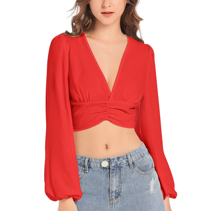 Rose Red Women's Deep V-Neck Lantern Sleeve Crop Top - Objet D'Art