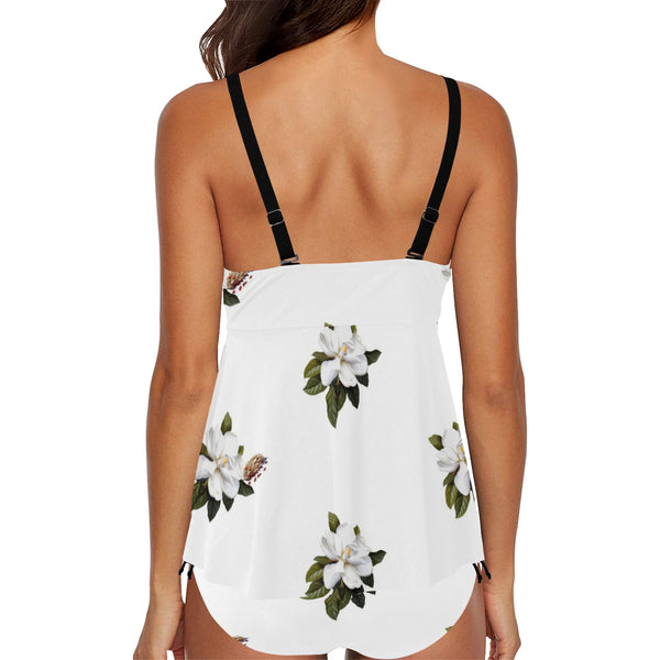 magnolia print on white Chest Drawstring Swim Dress (Model S30) - Objet D'Art