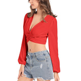 Rose Red Women's Deep V-Neck Lantern Sleeve Crop Top - Objet D'Art