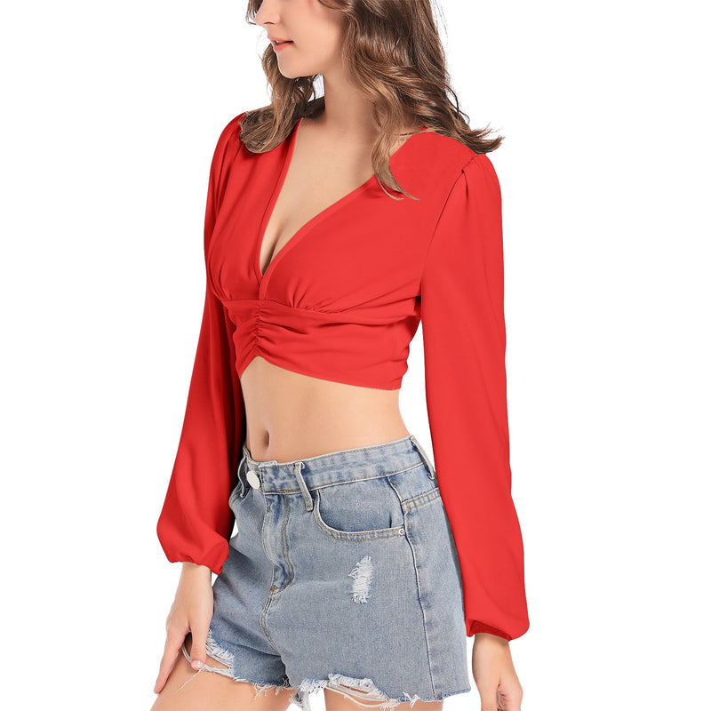 Rose Red Women's Deep V-Neck Lantern Sleeve Crop Top - Objet D'Art