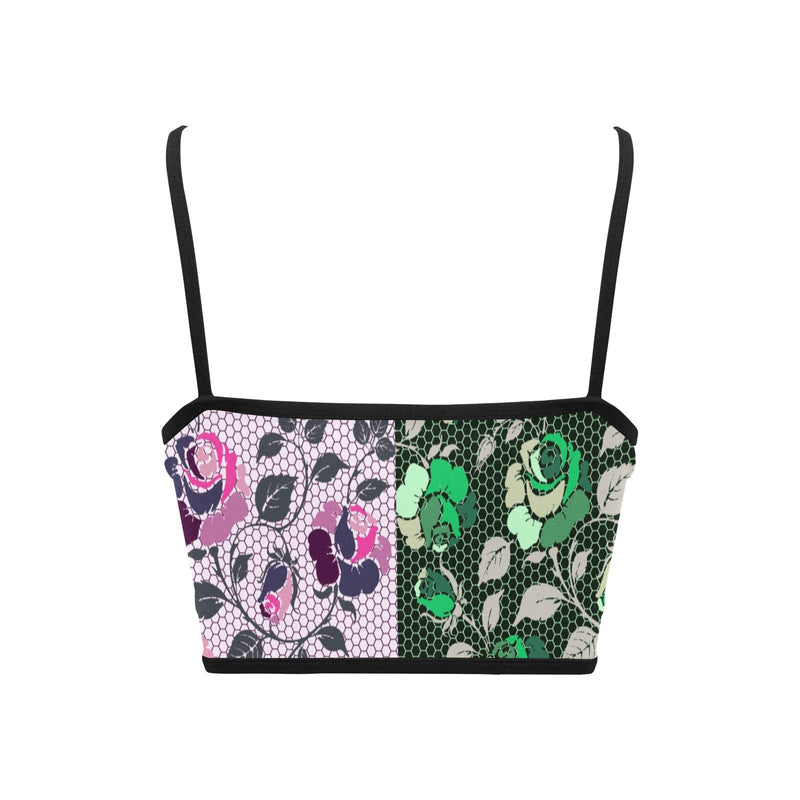 pink green rose print 4 Women's Spaghetti Strap Crop Top (Model T67) - Objet D'Art