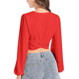 Rose Red Women's Deep V-Neck Lantern Sleeve Crop Top - Objet D'Art