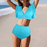 light blue bikini bottom print solid Women's Ruffle Sleeve Bikini Swimsuit (Model S42) - Objet D'Art