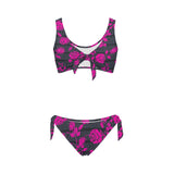 fuchsia rose on gray greek key print Bow Tie Front Bikini Swimsuit (Model S38) - Objet D'Art