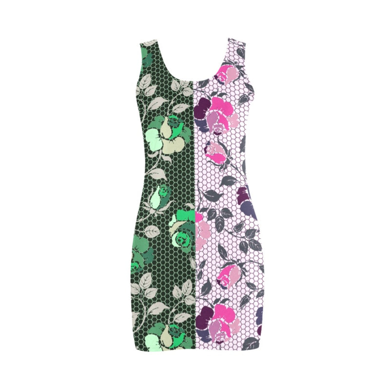 pink green rose print 4 Medea Vest Dress (Model D06) - Objet D'Art