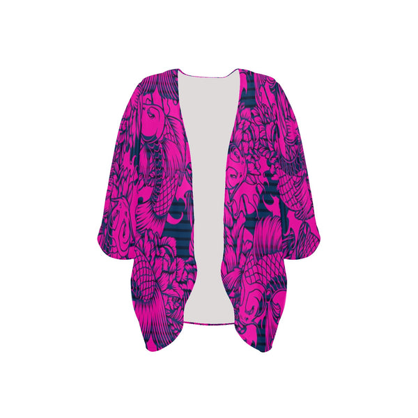 fuchsia pisces print 2 Women's Kimono Chiffon Cover Up (Model H51) - Objet D'Art