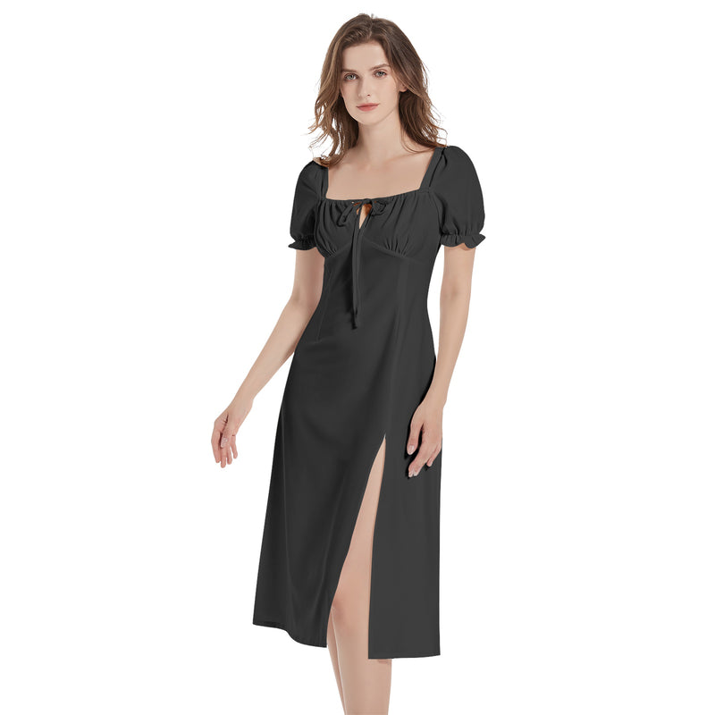 Black Puff Sleeve Split Thigh Midi Dress - Objet D'Art