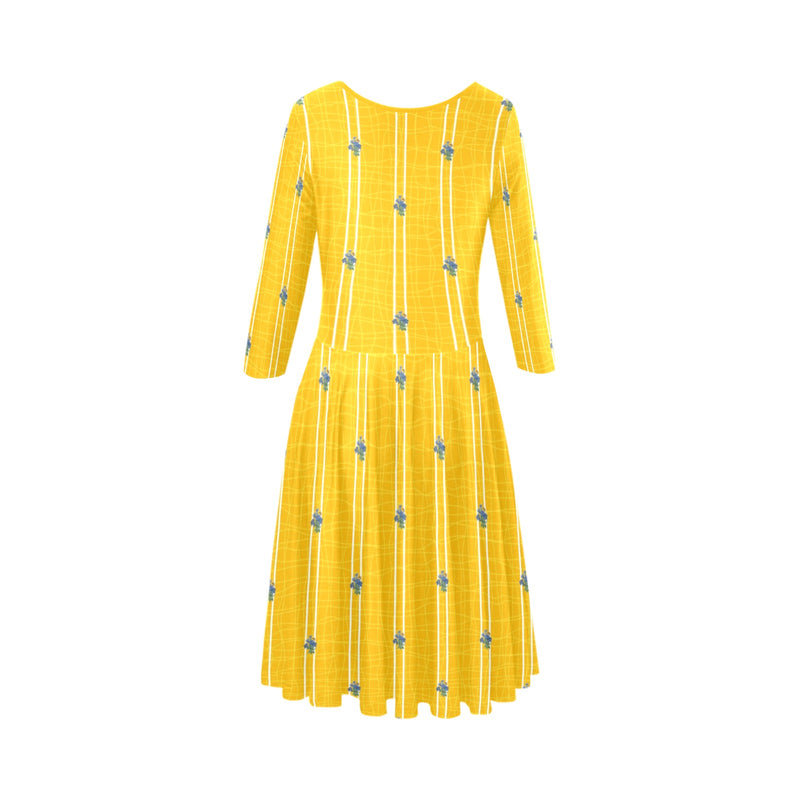 TURMERIC striped floral print Tethys Half-Sleeve Skater Dress(Model D20) - Objet D'Art