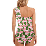 ivy striped 2 print Women's One Shoulder Backless Swimsuit (Model S44) - Objet D'Art