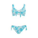 greek roses in blue print Bow Tie Front Bikini Swimsuit (Model S38) - Objet D'Art