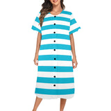 blue white striped 1A Women's Button Front House Dress - Objet D'Art