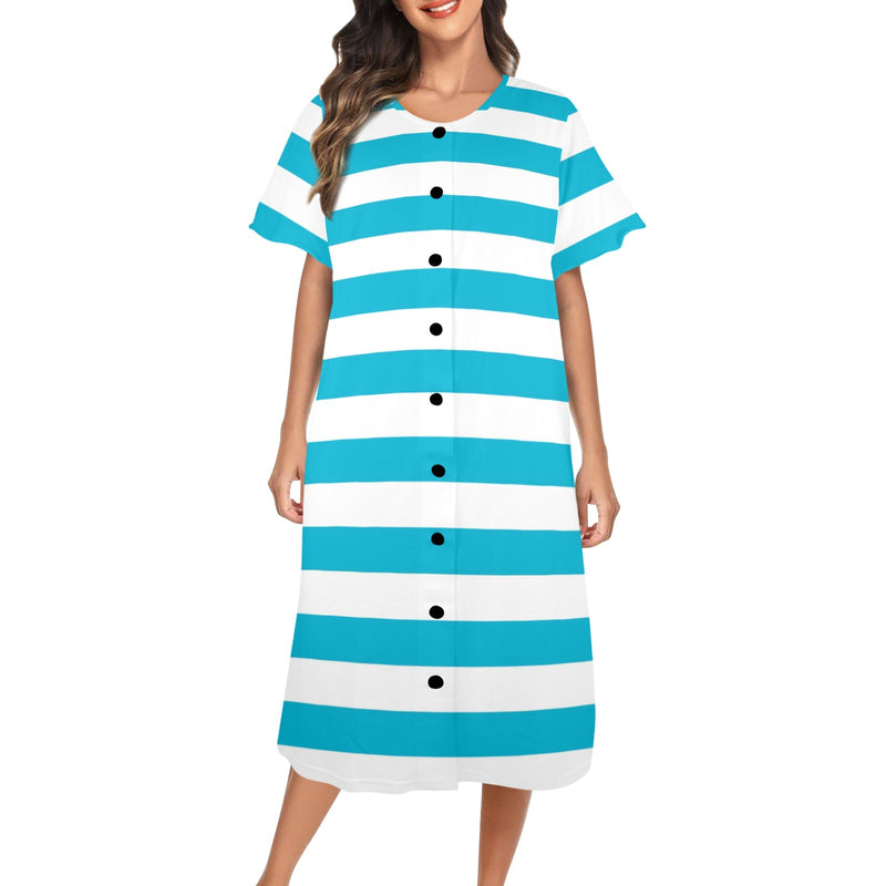 blue white striped 1A Women's Button Front House Dress - Objet D'Art