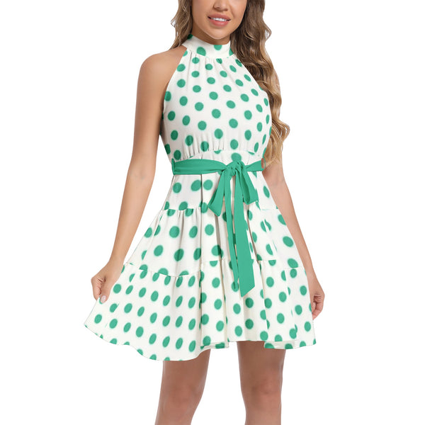 Green Sun Ruffle Hem Belted Halter Dress - Objet D'Art