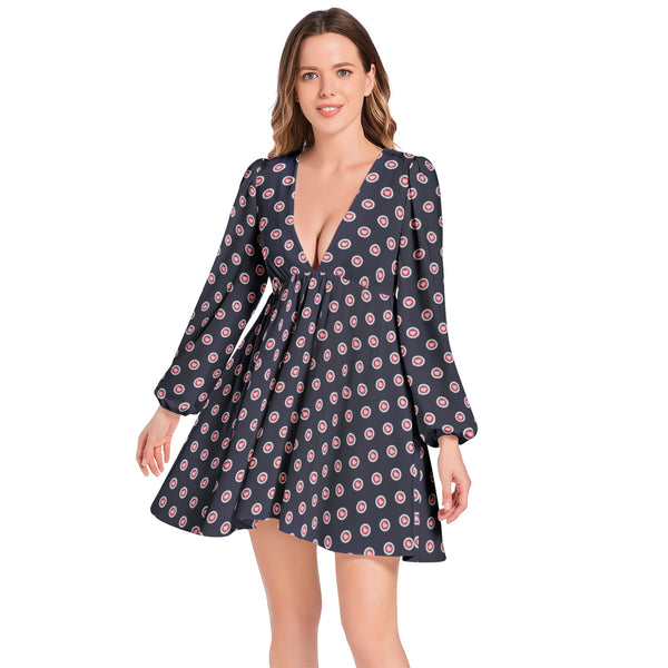 Lantern Sleeve Deep V-Neck Short Dress - Objet D'Art