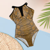 bronze snakeskin print Women's High Neck Plunge Mesh Ruched Swimsuit (S43) - Objet D'Art