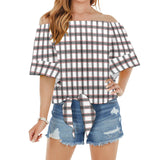grid red gray print 2 Off Shoulder Knot Front Blouse (Model T71) - Objet D'Art