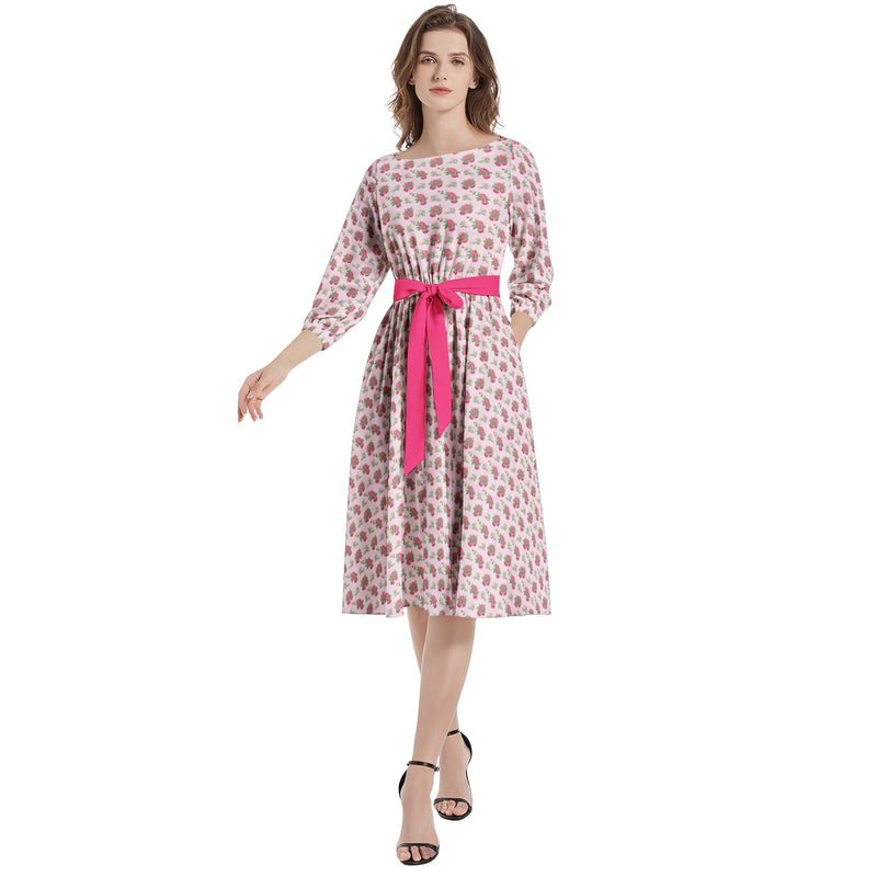 Boat Neck Belted Flared Dress - Objet D'Art