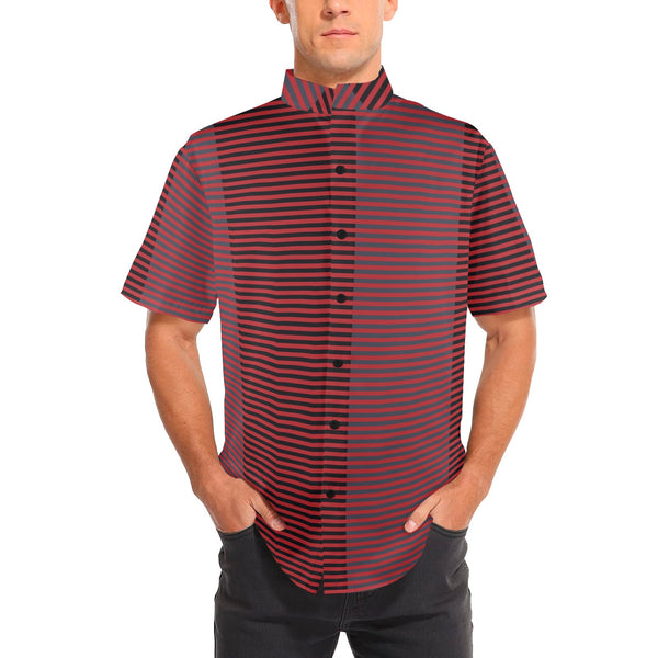 horizontal striped red gray black print Men's Stand-Up Collar Short Sleeve Shirt - Objet D'Art