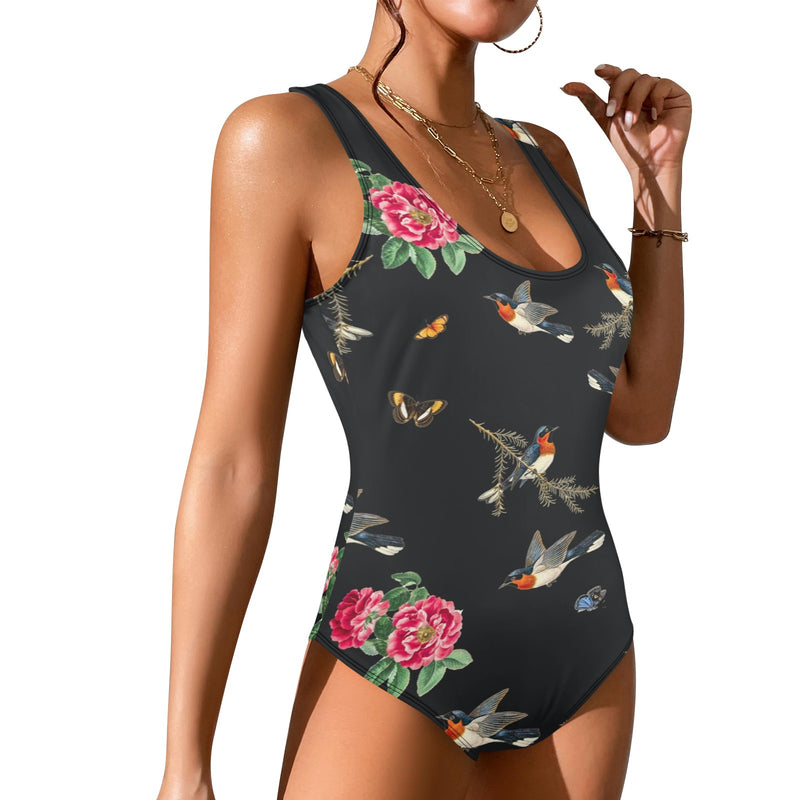 robins flowers print 2 Women's High Cut Backless Swimsuit (Model S50) - Objet D'Art