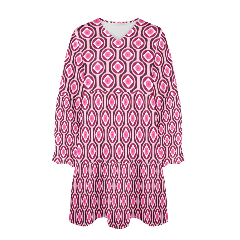 pink abstract pods print V-Neck Loose Fit Dress (Model D66) - Objet D'Art
