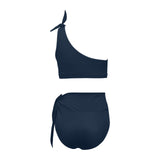 navy blue 2 print 4 High Waisted One Shoulder Bikini Set (Model S16) - Objet D'Art