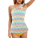 saffron print solid 2 Women's One Shoulder Backless Swimsuit (Model S44) - Objet D'Art