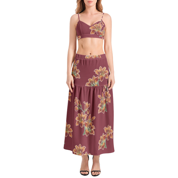 Tiger Lily Print Bralette Top and High Slit Thigh Skirt Set - Objet D'Art