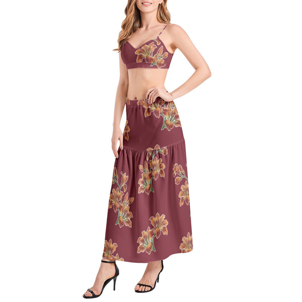 Tiger Lily Print Bralette Top and High Slit Thigh Skirt Set - Objet D'Art