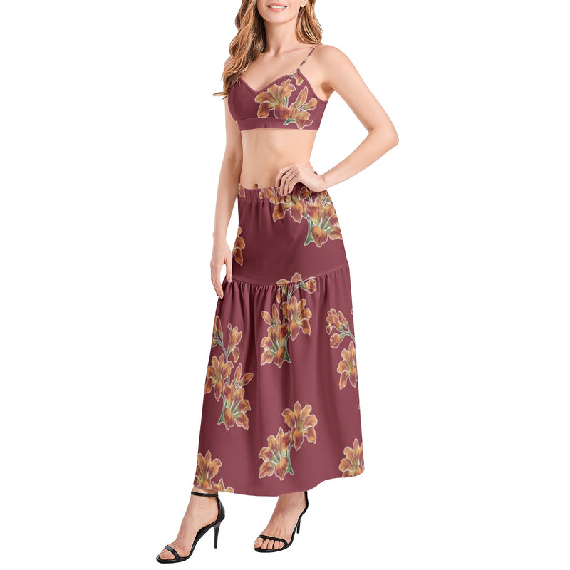 Tiger Lily Print Bralette Top and High Slit Thigh Skirt Set - Objet D'Art