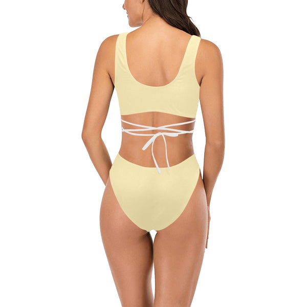 creme solid print 2 Cross String Bikini Set (Model S29) - Objet D'Art