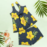 yellow flora print copy Women's Vest Skirt Split Swimsuit (Model S47) - Objet D'Art