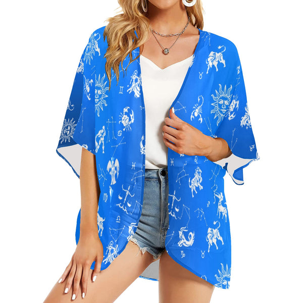 zodiac constellation print 2 Women's Kimono Chiffon Cover Up (Model H51) - Objet D'Art
