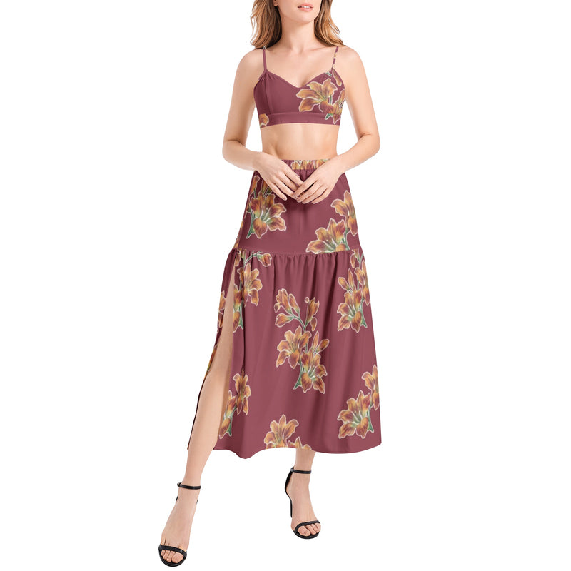 Tiger Lily Print Bralette Top and High Slit Thigh Skirt Set - Objet D'Art