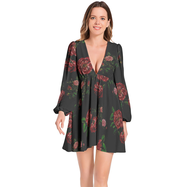 Midnight Roses Lantern Sleeve Deep V-Neck Short Dress - Objet D'Art