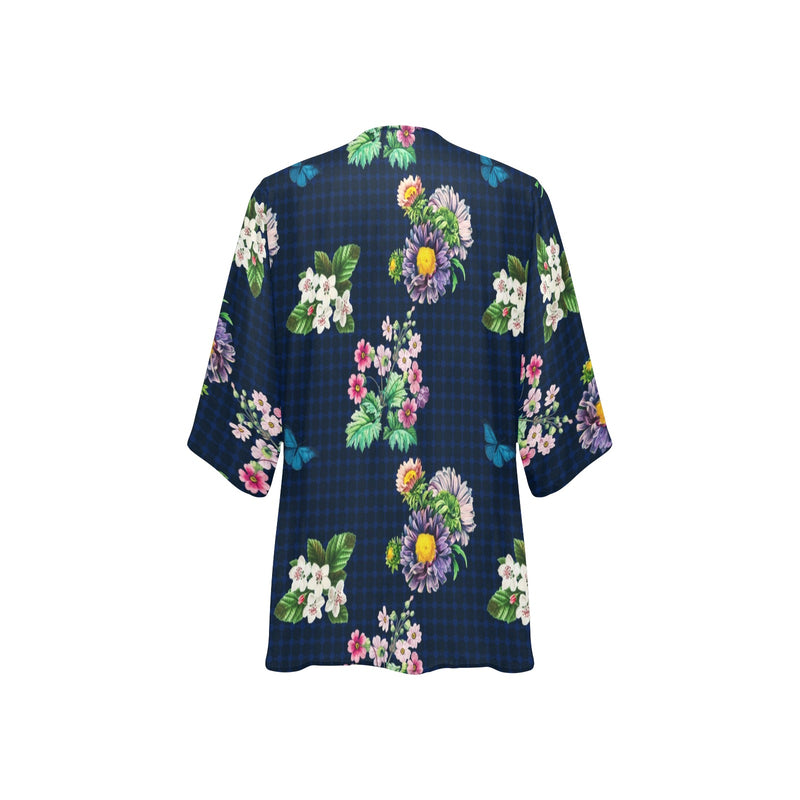 grid wildflower floral print Women's Kimono Chiffon Cover Up (Model H51) - Objet D'Art