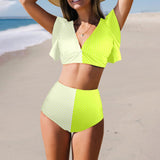 neon green hex print 5 Women's Ruffle Sleeve Bikini Swimsuit (Model S42) - Objet D'Art