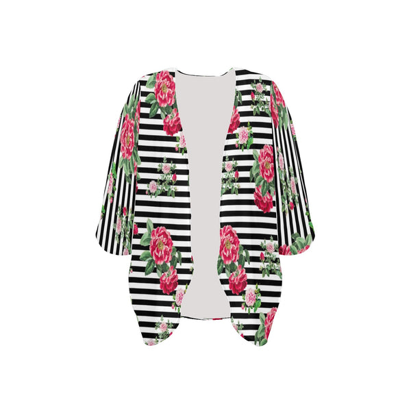 thin bw stripes roses red print 2 Women's Kimono Chiffon Cover Up (Model H51) - Objet D'Art