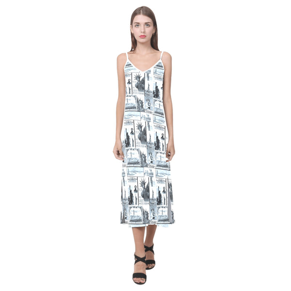 selenium lady liberty print 6 V-Neck Open Fork Long Dress(Model D18) - Objet D'Art
