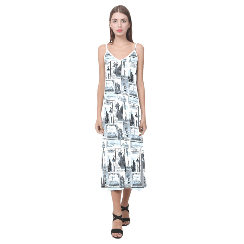 selenium lady liberty print 6 V-Neck Open Fork Long Dress(Model D18) - Objet D'Art