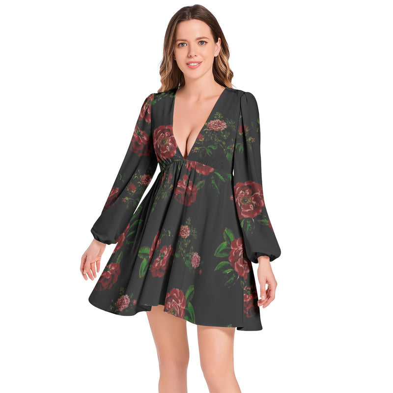 Midnight Roses Lantern Sleeve Deep V-Neck Short Dress - Objet D'Art