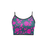 fuchsia rose emerald green greek key print 4 Women's Spaghetti Strap Crop Top (Model T67) - Objet D'Art